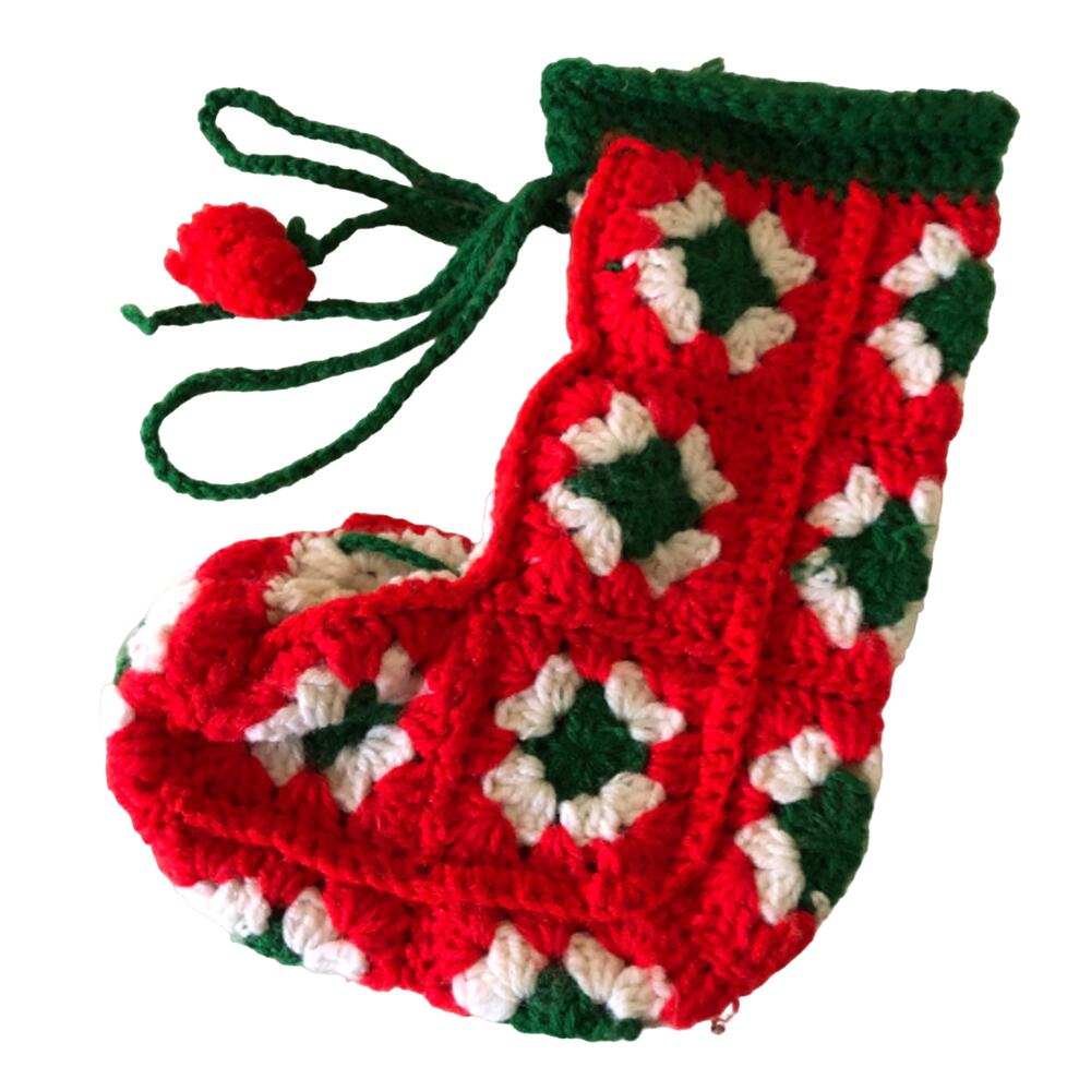 Vtg Crocheted Granny Square Christmas Stocking Red Green Handmade 12" Yarn